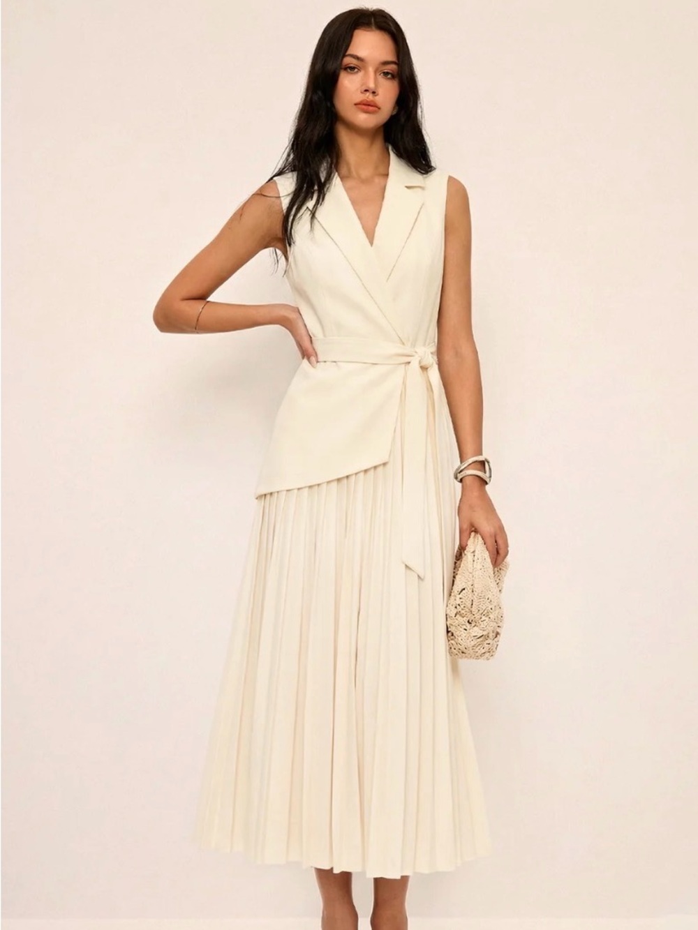 Commense Sleeveless Wrap Pleated Midi Dress in Cream